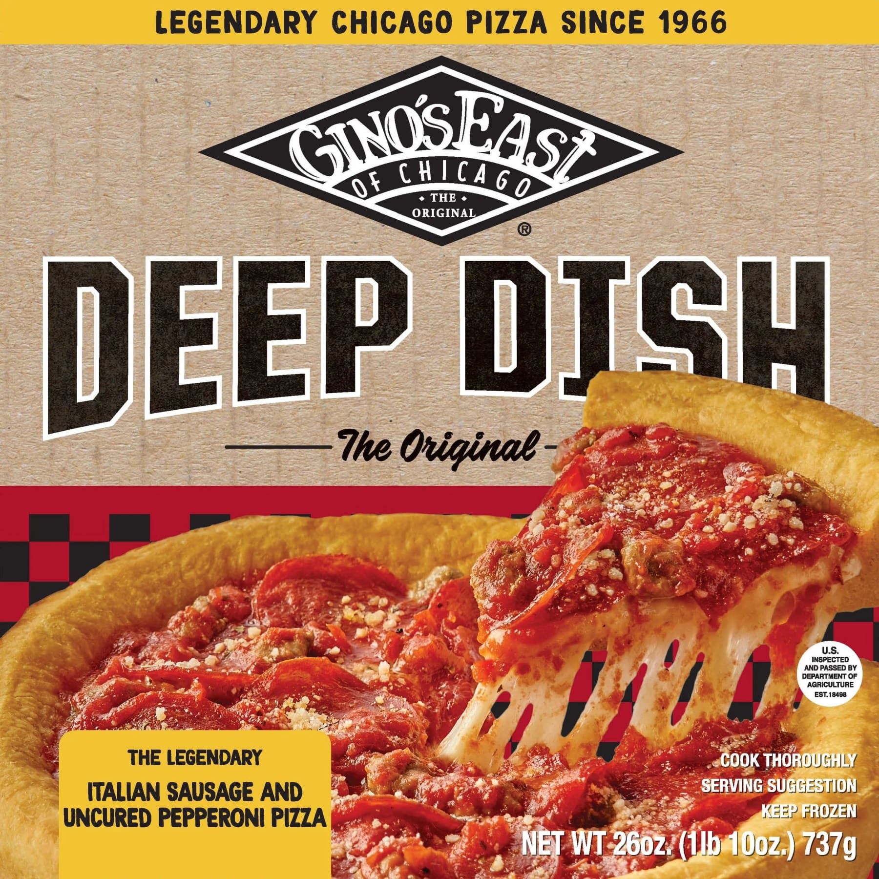 Gino's East frozen deep dish sausage and pepperoni pizza box