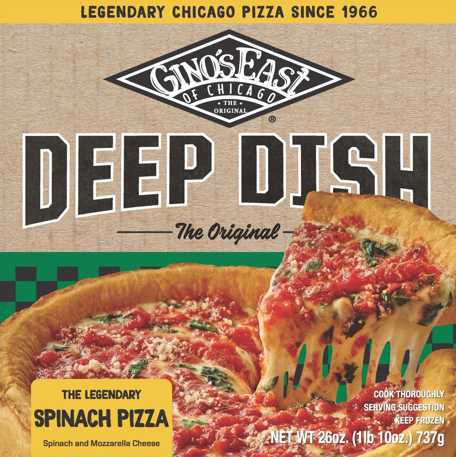 Gino's East frozen deep dish spinach pizza box