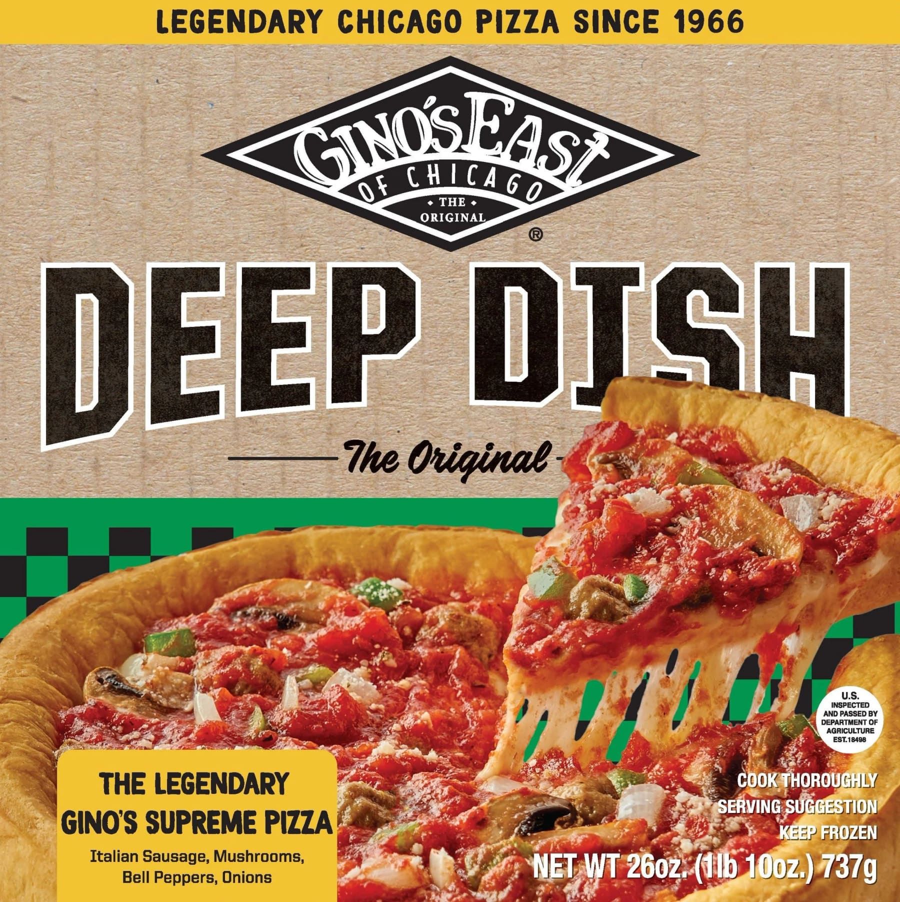 Gino's East frozen deep dish supreme pizza box