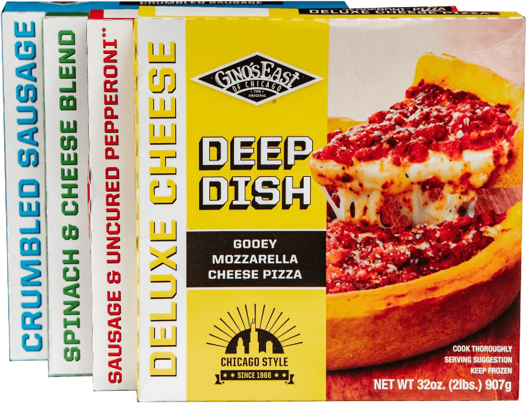Boxes of Gino's East frozen deep dish pizza