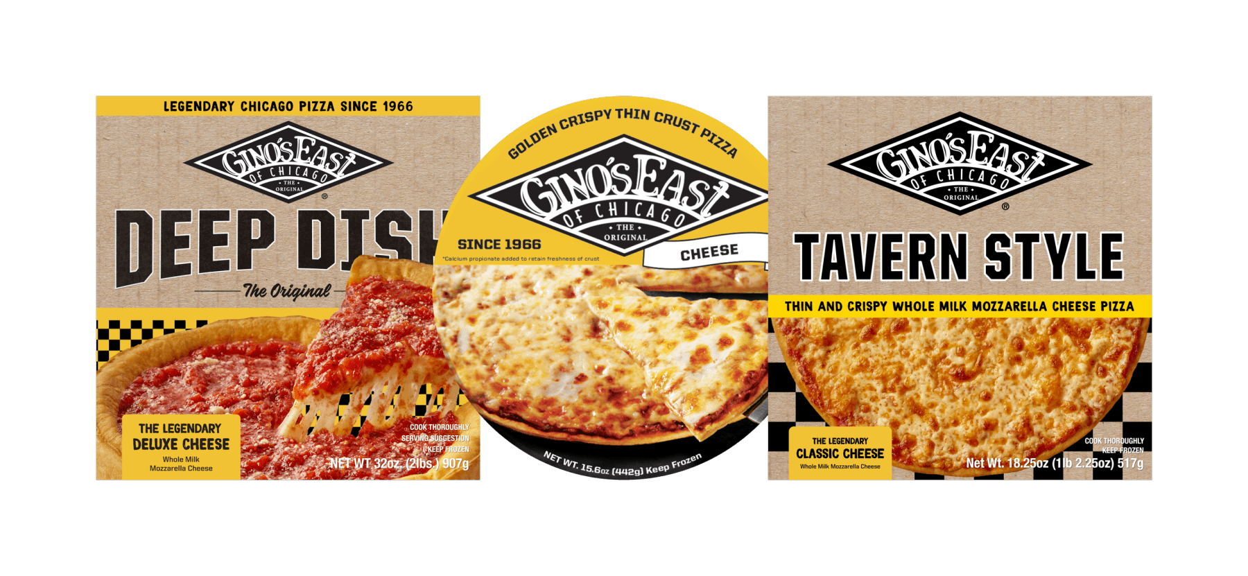 Three Gino's East frozen pizza boxes side by side: Deep Dish Deluxe Cheese beside the Thin Crust and Tavern Style cheese pizzas.