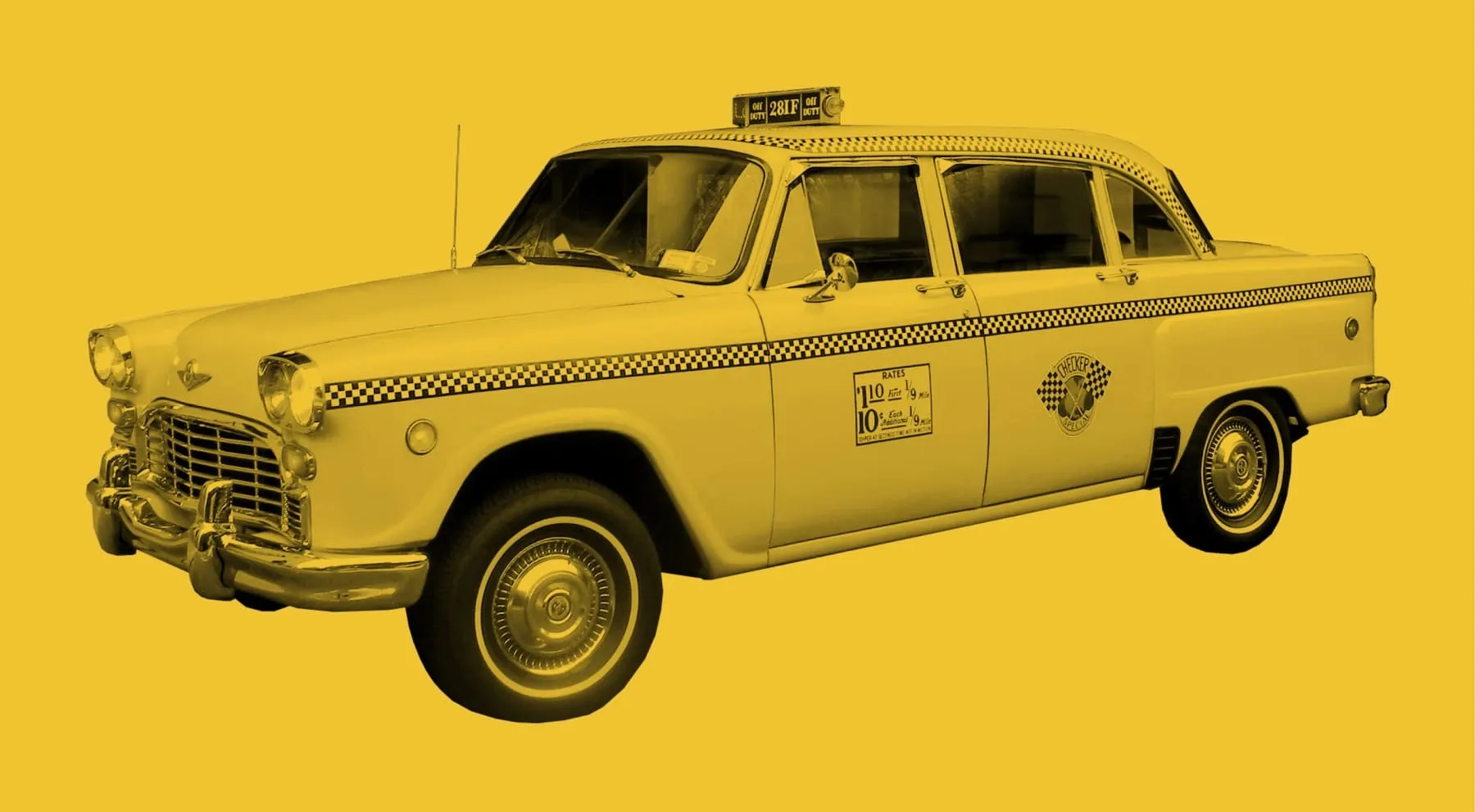 A vintage yellow Checker taxi cab with a checkered stripe down the side, shown against a yellow background