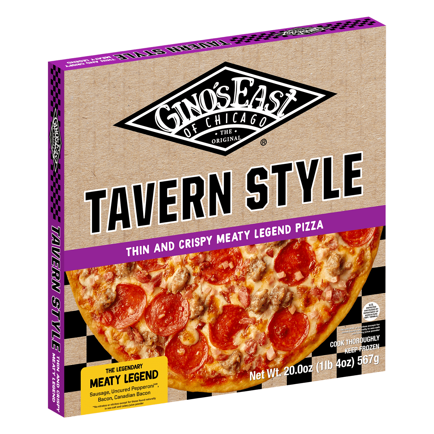 Box of Gino’s East Authentic Tavern Style Meaty Legend frozen pizza