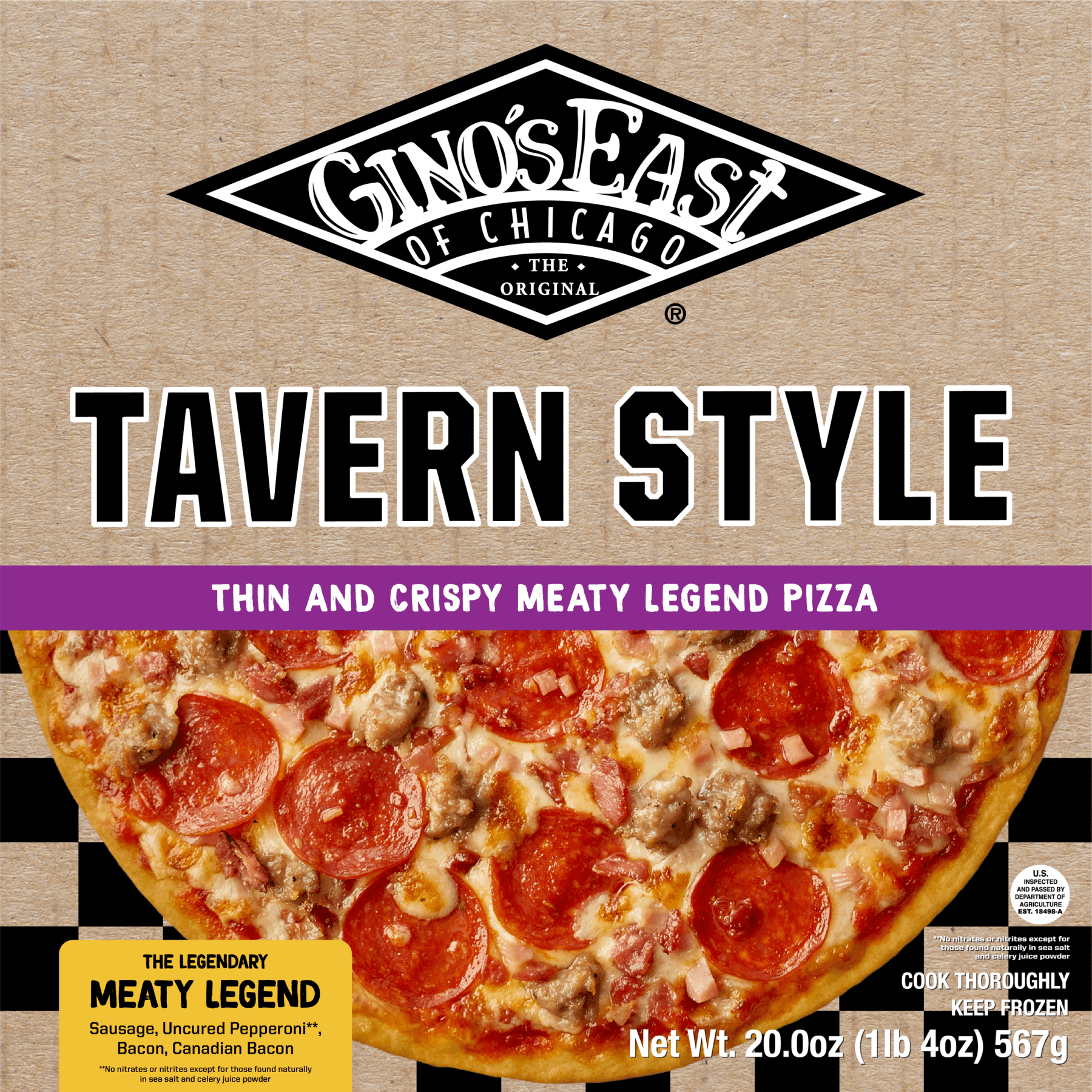 Gino's East frozen tavern style meaty legend pizza box