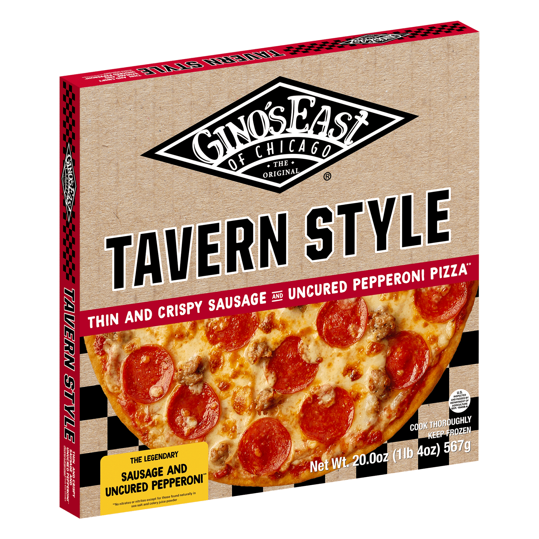 Box of Gino’s East Authentic Tavern Style Sausage & Pepperoni frozen pizza
