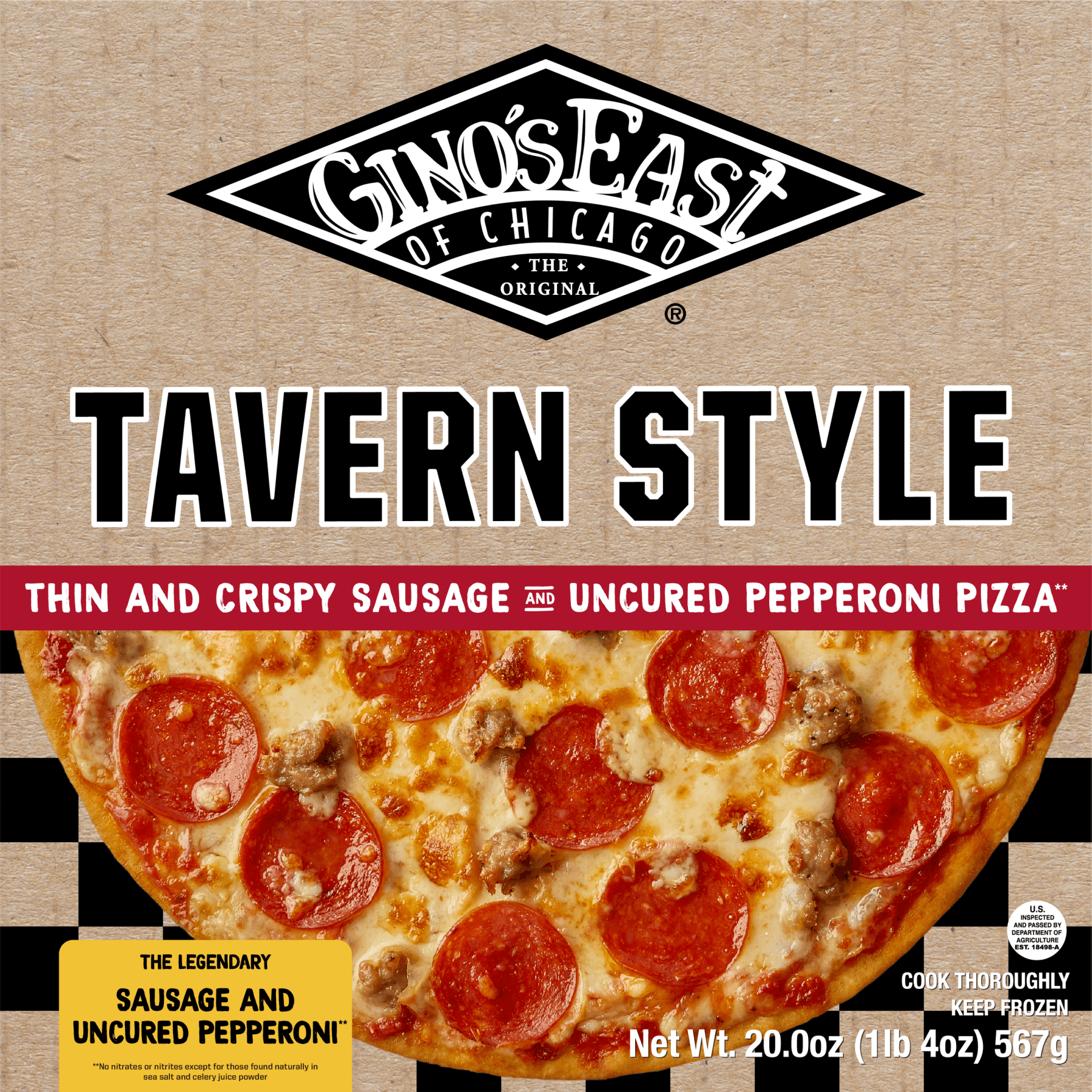 Gino's East frozen tavern style sausage and pepperoni pizza box