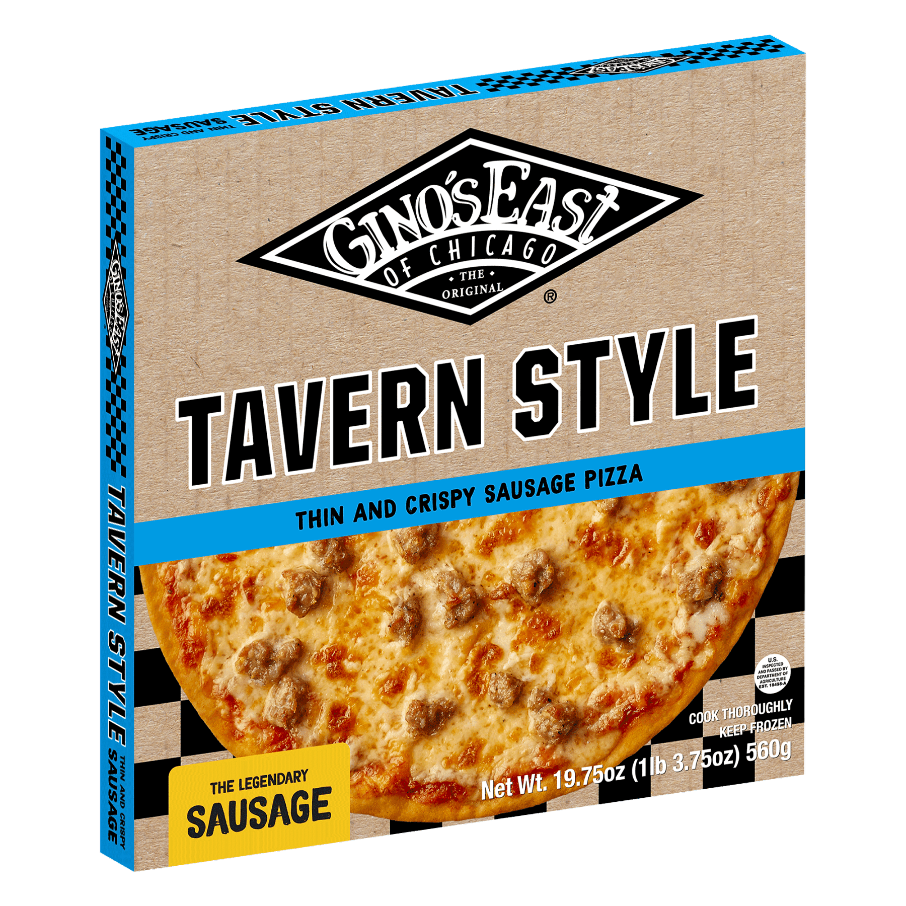Box of Gino’s East Authentic Tavern Style Sausage frozen pizza