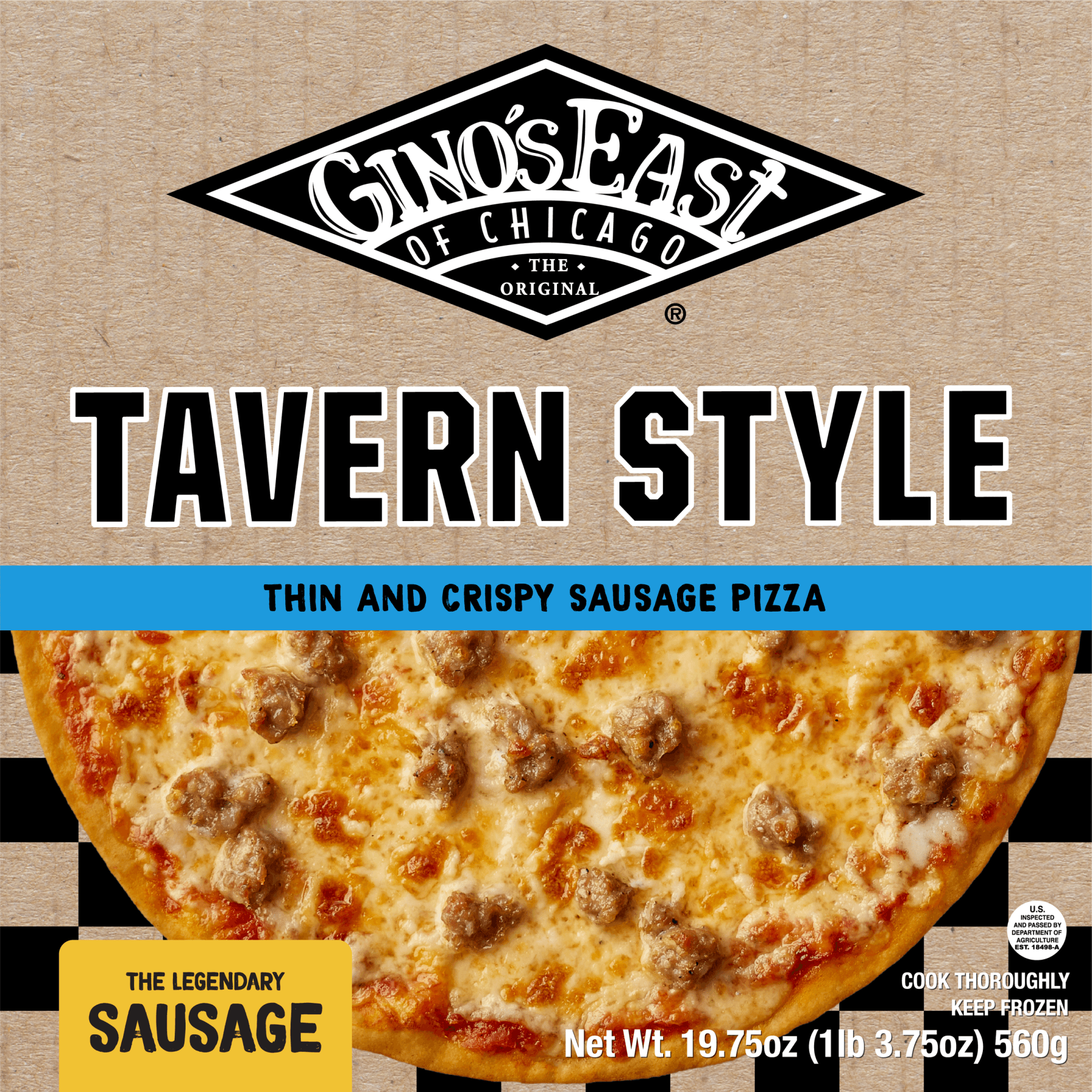 Gino's East frozen tavern style sausage pizza box
