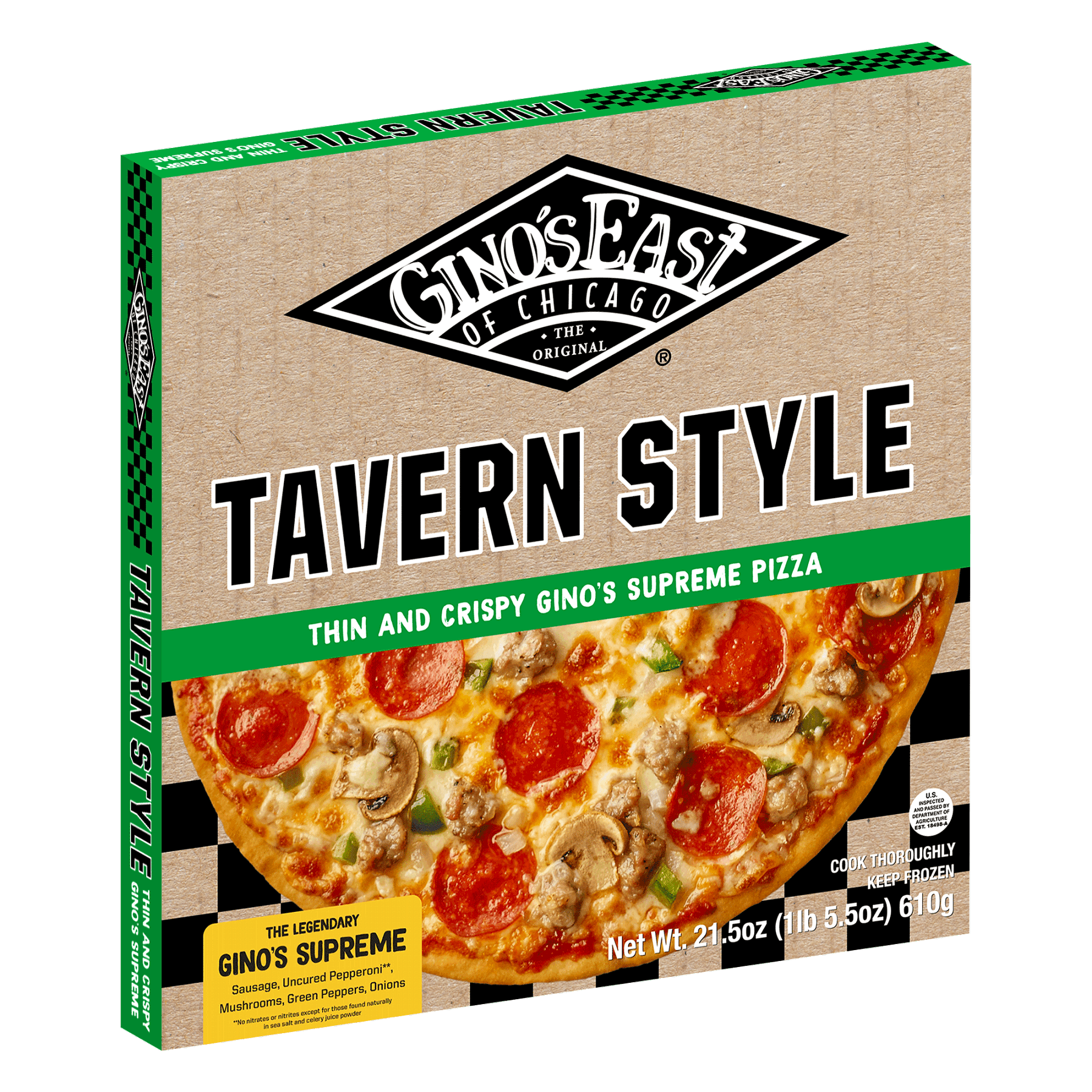 Box of Gino’s East Authentic Tavern Style Supreme frozen pizza