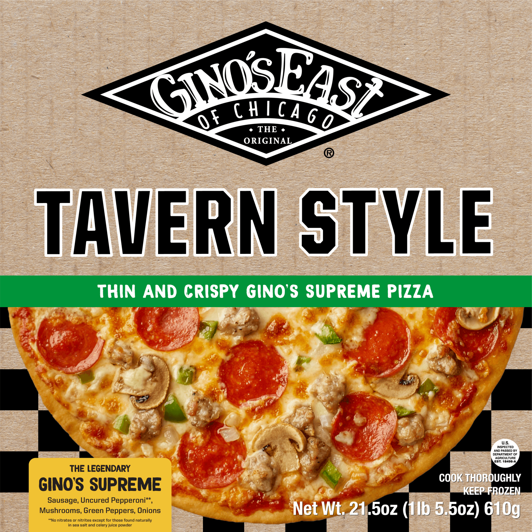 Gino's East frozen tavern style supreme pizza box